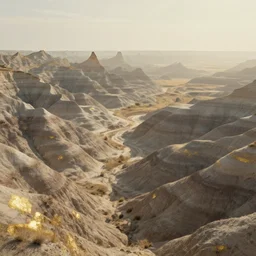 a retrowave style artwork of badlands national park, a land of the dead, divine, hazy, volumetric lighting, spacetime bending, very detailed, serene, gold accents, washed out colors, beautiful artwork, master level composition, raytracing