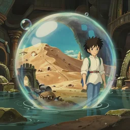 realistic interior shot from howl's moving castle ( 2 0 0 4 ) of a cubic bubble time portal warping a flooded ancient desert atlantis, cartoon, depth of field.