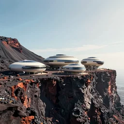 round sci-fi buildings on a stark volcanic cliff with birds, sense of optimism, daytime, bright sky, digital art, art station, extremely detailed