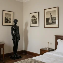 a liminal hotel room with a black glass statue, vintage coloured photography by balthus