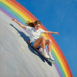 a girl sliding down a rainbow. painting by j. g. quintel.