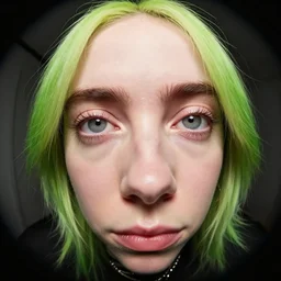fish eye camera photo of billie Eilish extremely close to the camera, extreme close-up, detailed skin and face, 8k, funny