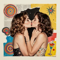 two women kissing at a party, mixed media collage, retro, paper collage, magazine collage, acrylic paint splatters, retro psychedelic illustrations,