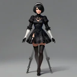 pinup character concept : full - body portrait of beautiful woman journalist alex wagner as a dark - haired nier automata, with black bob hairstyle, epicanthic folds, and mischievous smile, by vargas. elvgren, wlop, serpieri, anders zorn, thomas lawrence, pixar, disney animation, michael cheval, peter mohrbacher, loish, wlop