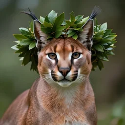 caracal, laurel wreath on his head, in laurel wreath, dressed in laurel wreath, has a laurel wreath, cinematic, high detail, cinematography, vfx, 8 k