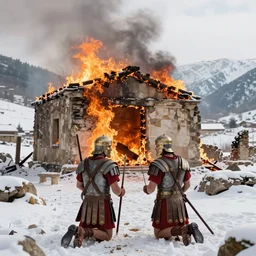 kneeling roman soldiers in front of the burning ruins of a small house in a snow covered valley, beautiful lighting, beautiful composition, sharp
