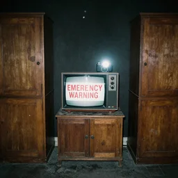Photograph of an old black room with a TV playing an emergency warning, dust in the air, brown wood cabinets, taken using a film camera with 35mm expired film, bright camera flash enabled, award winning photograph, creepy, liminal space