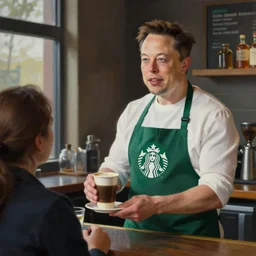 realistic oil painting of elon musk in Starbucks barista uniform apron serving coffee to customers