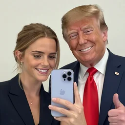 A selfie of Emma Watson and Donald Trump, smiling, iphone 13