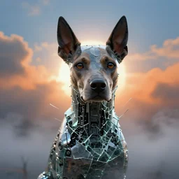 portrait of a cyborg dog, shattered glass, cinematic light, backlight, orange sky blue, mist, clouds, by mikhail vrubel, by philippe druillet, by wlop, by peter elson, by gerald brom, muted colors, ( extreme detail ), trending on artstation, 8 k