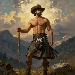 a dramatic epic beautiful painting of a shirtless muscular desi man | he is wearing a scottish plaid kilt and cowboy hat, and holding a walking stick | background is mountains and clouds | dramatic lighting, golden hour, homoerotic | by mark maggiori and walter crane | trending on artstation