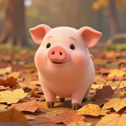 cute piglet in a pile of autumn leaves, pixar style