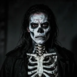 a threatening person with a skeleton painted on his skin, a painted skeleton man, an unsettling bone painting, a scene from a horror movie, highly detailed, cinematic