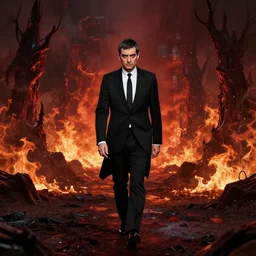 Rowan Atkinson wearing a gothic black suit walking towards the frame, hellish landscape, inferno, digital art, trending on ArtStation