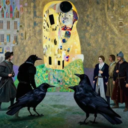 a l battle of crows in a medieval city, hyperrealistic film still by edward hopper, by gottfried helnwein, by klimt, by paolo uccello, art nouveau, highly detailed, strong lights, liminal, eerie, metaphysical, bright pastel colors,