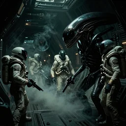 a tight shot of a dark Alien ship interior corridor by Ridley Scott with lots of steam and astronauts with guns, high contrast, Aliens movie, grainy, moody, dark, bleak, green tones