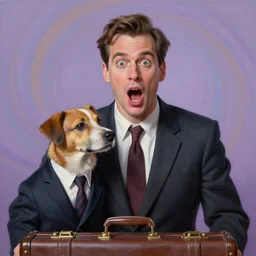 A beautiful painting of a man, with what appears to be a dog, in a business suit with a suitcase. The man's eyes are wide and his mouth is open, as if he is screaming. The dog is also in a business suit and is looking at the man with a perplexed expression. The background is a swirl of colors and shapes. studio lighting, light violet by Wim Wenders straight