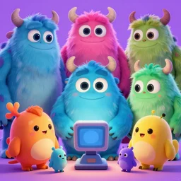 photo cartoon illustration, digital painting, volumetric lighting by feng zhu, 3 d alejandro alvarez alena aenami artworks in 4 k beeple, by thomas kinkade hearstone league of legends dofus overwatch, concept sheet of cute colorful 3 d family monster characters for kids assisting a concept machine, big eyes, simple