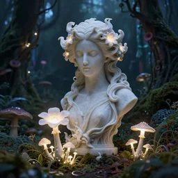 glowing delicate flower and mushrooms that grow in a dark fatansy forest on the planet Pandora, an idealistic marble statue with fractal flowery hair in a fractal garden, - W 704