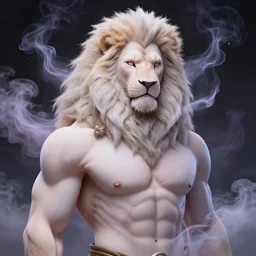 aesthetic portrait commission of a albino muscular and attractive anthro lion as a greek god overlord with mane fur turning into cosmic smoke in the clouds, fantasy art, hyperdetailed. Character design by charlie bowater, ross tran, artgerm, and makoto shinkai, detailed, inked, western comic book art, 2021 award winning painting