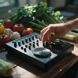 film still of fresh produce making beats on an mpc
