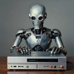 photo of vhs player cyborg, headless, by richard corben, bernie wrightson, fine art masterpiece baked at 3 0 0 f, photorealistic render, cinematic,