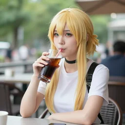 Casual photograph of a Cammy White cosplayer drinking a cola, sitting at an outdoors cafe, natural volumetric lighting, sharp, bokeh, nature background