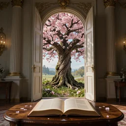 tree of life growing out of a door, on a wooden table, inside a palace, sakura flowers on the book, midsommar style, rim light, extremely detailed, masterpiece, artstation, cinematic lighting, photographic, by greg rutkowski and alphonse mucha, wolp, horizon zero dawn