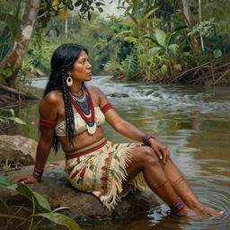 a realistic painting of a dressed indigenous female shaman relaxing near a river in the amazon jungle, gazing at the water, highly detailed, art by christophe vacher