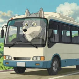 A bus looking like a wolf in anime style. 8k Resolution illustration. Trending on ArtStation and DeviantArt. Ghibli studio cartoons style image.