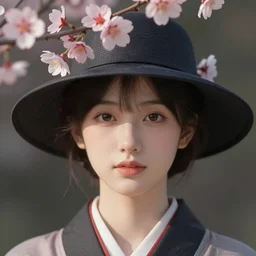 a portrait of a female wearing a hat with sakura on top, hyper detailed, digital art, cinematic lighting, studio quality, smooth render, unreal engine 5 rendered, octane rendered, trending on artstation, cgsociety, by klimt and nixeu and ian sprigger and wlop and krenz cushart