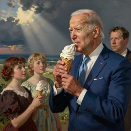 soviet propaganda of joe biden eating ice cream cone by j. c. leyendecker, bosch, lisa frank, jon mcnaughton, and beksinski