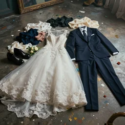a messy painting of clothes on the floor, wedding dress, groom's suit, cinematic, artstation