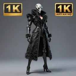 dream Full body Picture of a female robot, jet black tuffle coat, beaked mask, battle, alone, alluring, D&D, extremely detailed, by artgerm and Craig Mullins, James Jean, Andrey Ryabovichev, Mark Simonetti and Peter Morbacher, matte painting, trending on artstation, artstationHD, artstationHQ, octane, full HD, 16K, award winning