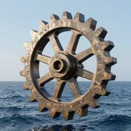 a giant cog, with patterns engrained in the spokes, floating in the air above the ocean, octane render
