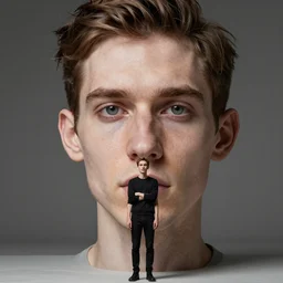 full body photo of a thin man with a giant head, very detailed face