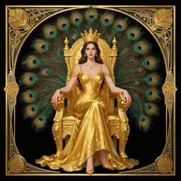 a throne made of gold and surrounded by peacock feathers with an elegant art deco boarder, tamara de lepika, illustration,
