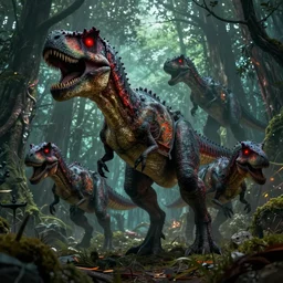 group of nightmare trex, red glowing eyes, hunting in the forest. in style of greg rutkowski and hyung - tae kim, trending on artstation, grimdark fantasy, great composition, highly detailed, dynamic pose, vibrant colors, epic, 8 k, unreal engine, octane render