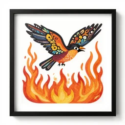 a bird rising above the flames, mexican folk art, framed art, intricate abstract, award winning