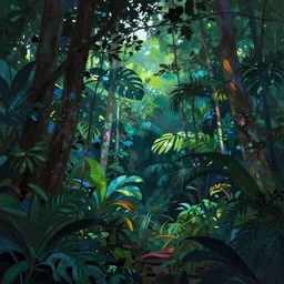 A tropical forest in the dark glowing in many different colors. In the style of Afremov.