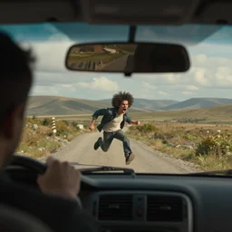 a tiny screaming angry bob ross running your in rear view mirror, photograph