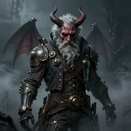 a portrait of a steampunk elderly man as a demon on hell, dark, foggy, eerie, splash, sparkle, smoke, particles, octane render, unreal engine, artstation, digital art.