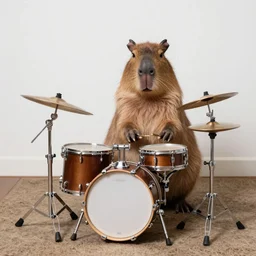 high resolution photo of a capybara playing a jazz drum set, wide angle, 2 8 mm
