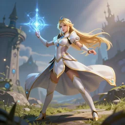 blonde female white mage casting spell, action pose, full body