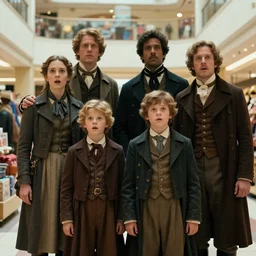 sharp, highly detailed, 9126k film, frame scan from a sci fi blockbuster color movie made in 2019, a family of four time travelers from 1860 travel in time to 2019, appearing in a shopping mall, looking surprised, the family are all wearing 1860s era clothes, cinematic lighting, in focus, cinematic still, professional high quality scan, in focus, 70mm f/1.4L lens