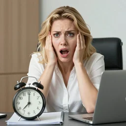 a beautiful blonde woman is in panic because she is late to her appointment, realistic, beautiful, photo, photography