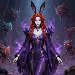 Beautiful lady with bunny ears, tall, Evoker robes, dark purple, coverd, smoke energy, strange creatures, high fantasy, heroic, detailed face, white skin, red hair, curly hair, golden circlet, no extra ears, by Leng Jun,ornamental rober, symmetry, trending on artstation, artstationHD, artstationHQ, deviantart, matte painting, colorful