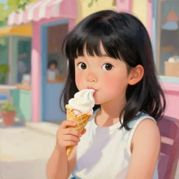 cute cuban girl with black hair eating ice cream in winwood, painting
