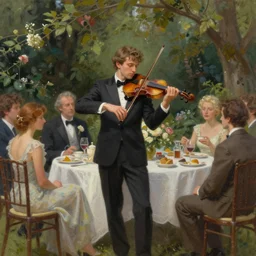 epic matte painting of a violinist performing for guest at a garden tea party, in the style of greg rutkowski and mark arian and george gross, digital painting, ornately detailed, muted colors, cinematic lighting