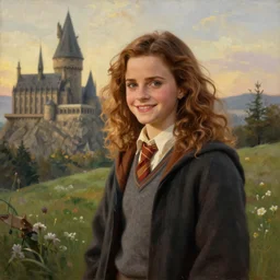 Painting of Emma Watson as Hermione Granger. Grassy hillside. Smiling. Hogwarts in the background. Art by william adolphe bouguereau. During golden hour. Extremely detailed. Beautiful. 4K. Award winning.